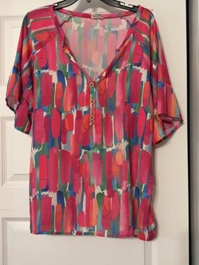 BiBi Pink Multi Brushstroke V-Neck Button Top